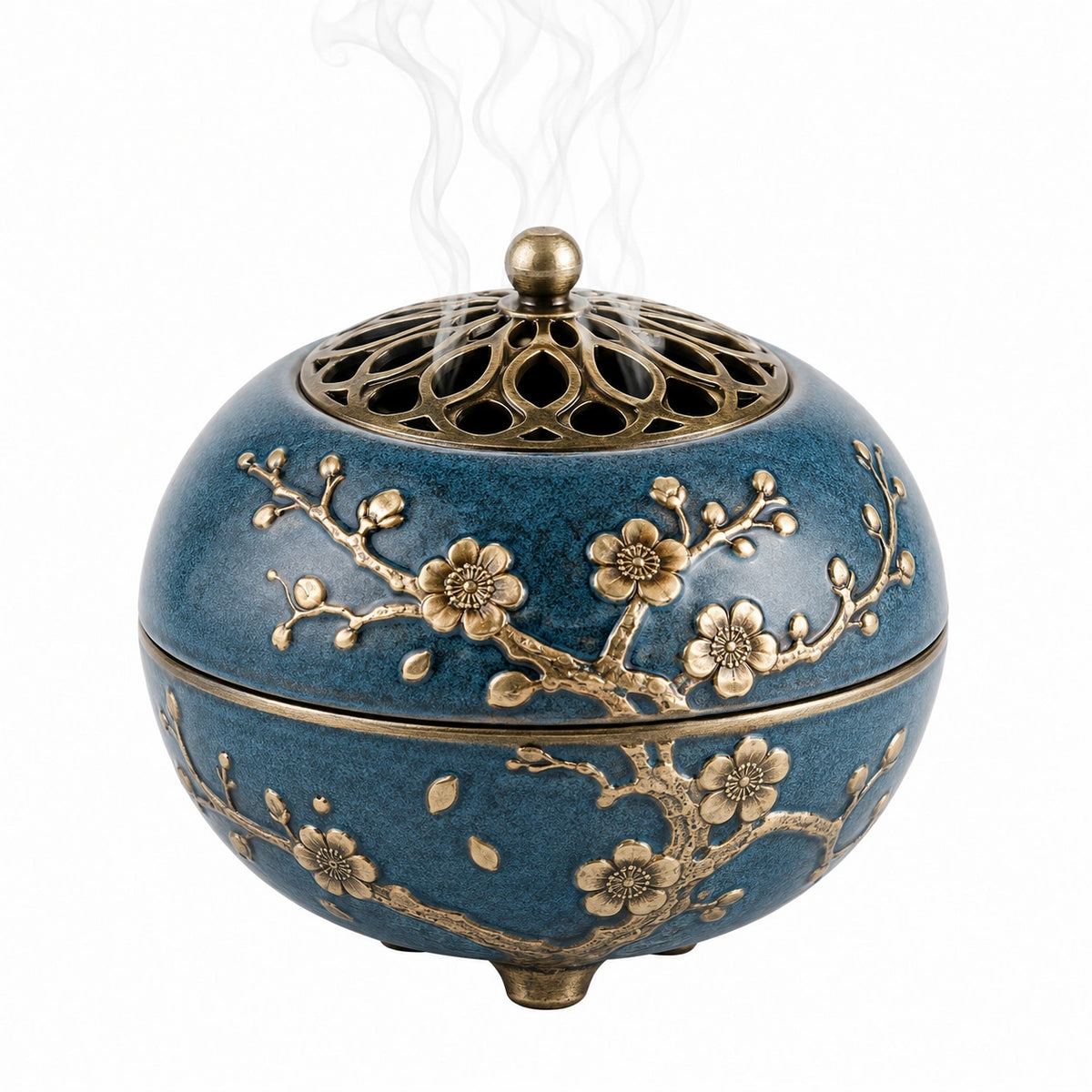 Encensoir rond 16 cm en céramique bleu et métal doré à couvercle ajouré floral