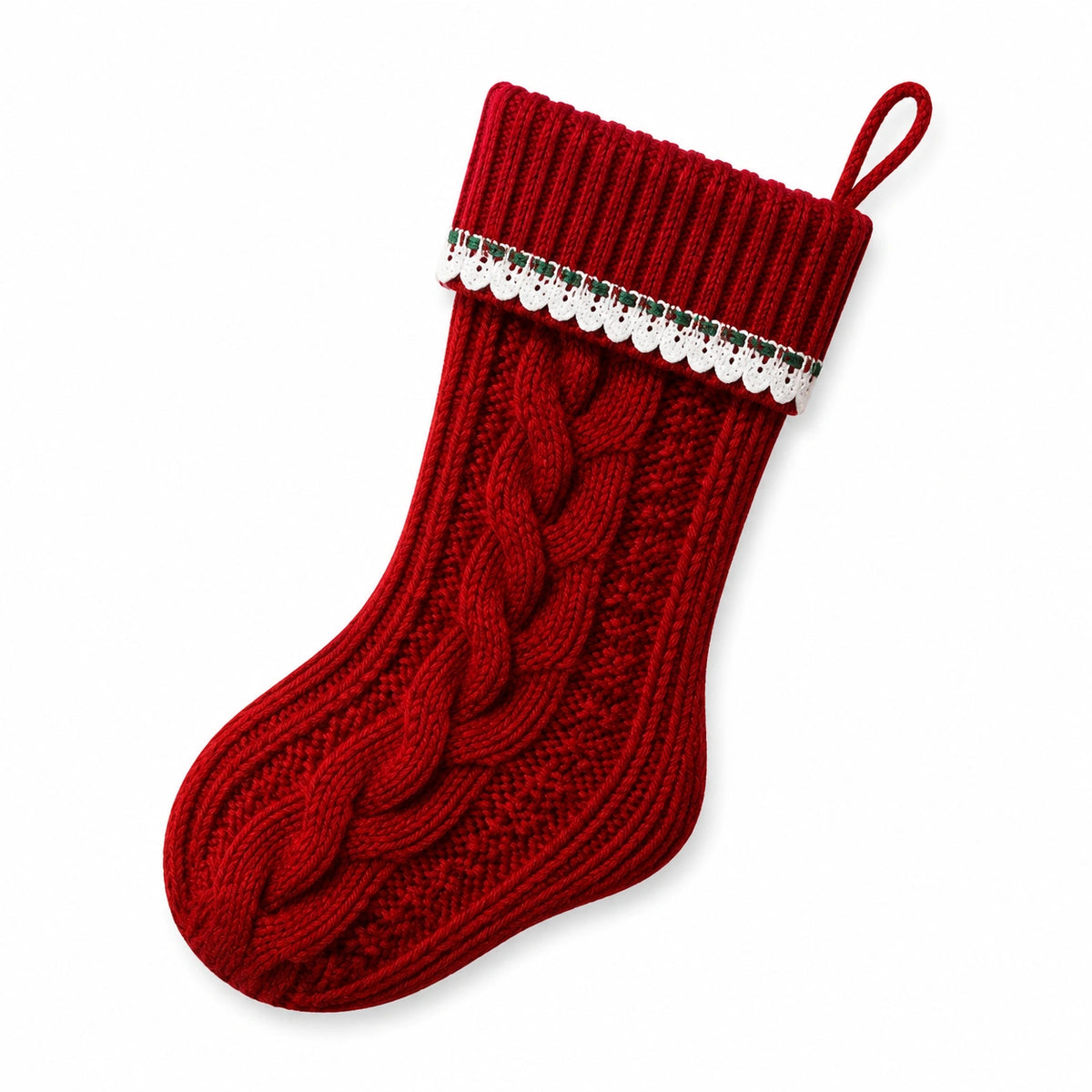 Chaussette de Noël taille unique en textile rouge à torsades décorative