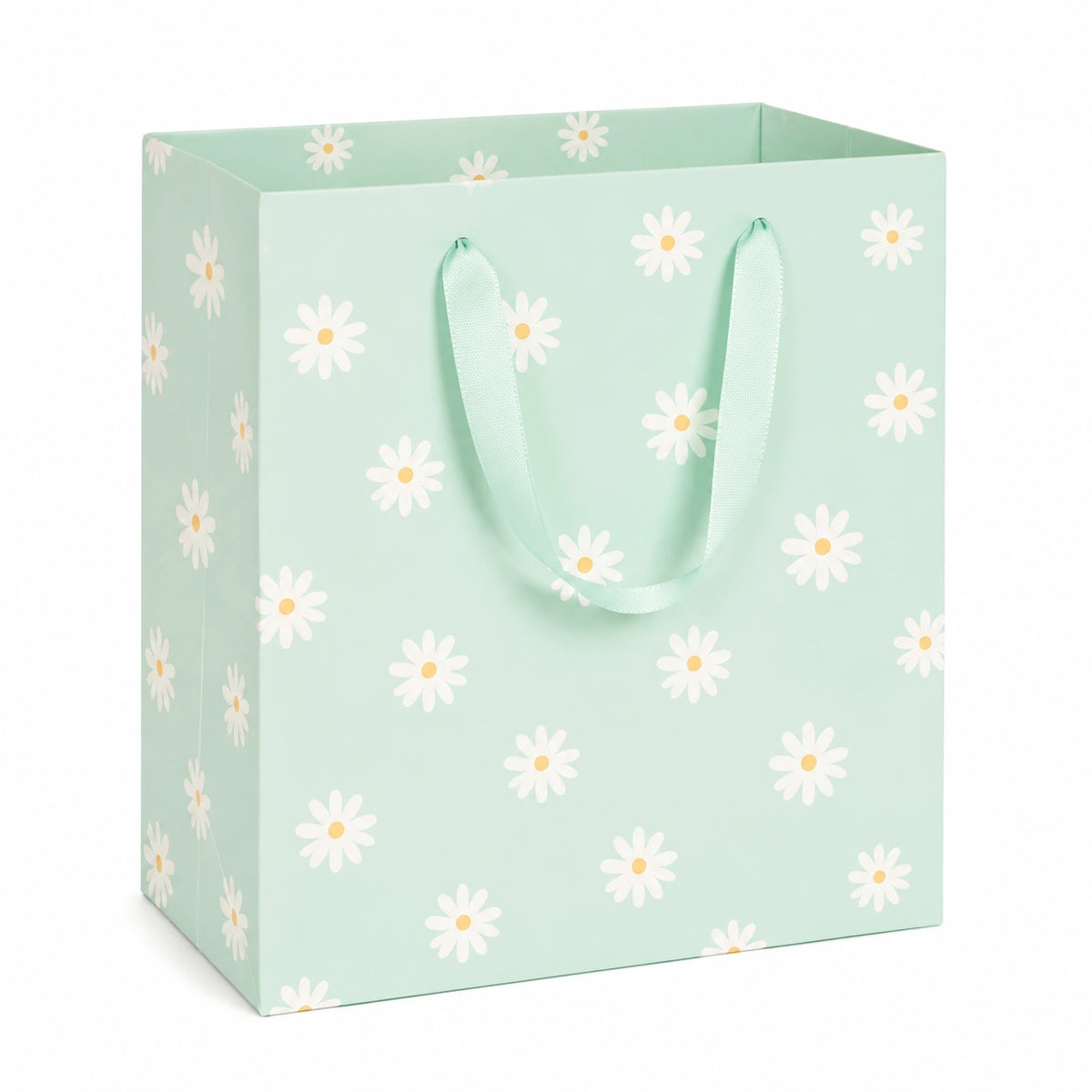 Sac cadeau 26 x 12 x 32 cm en papier vert menthe à motif marguerites avec anses ruban