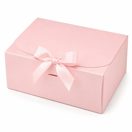 Boîte cadeau 25 x 20 x 10 cm en carton rose avec ruban satiné à rabat