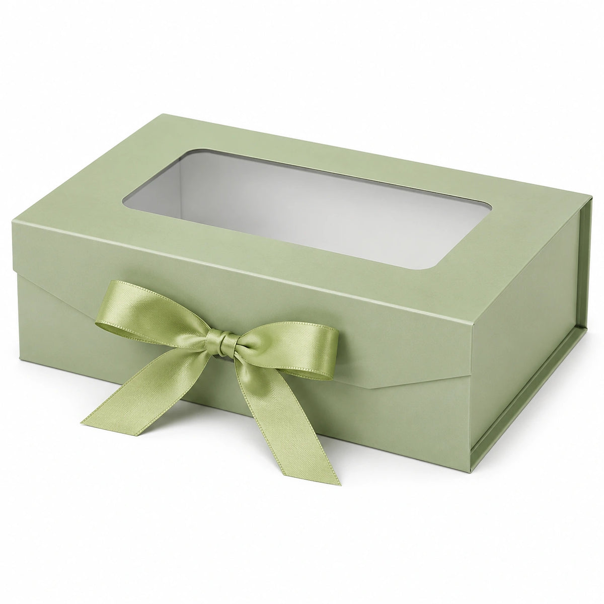 Boîte cadeau rectangulaire 30 x 20 x 10 cm en carton vert sauge avec fenêtre et ruban satin