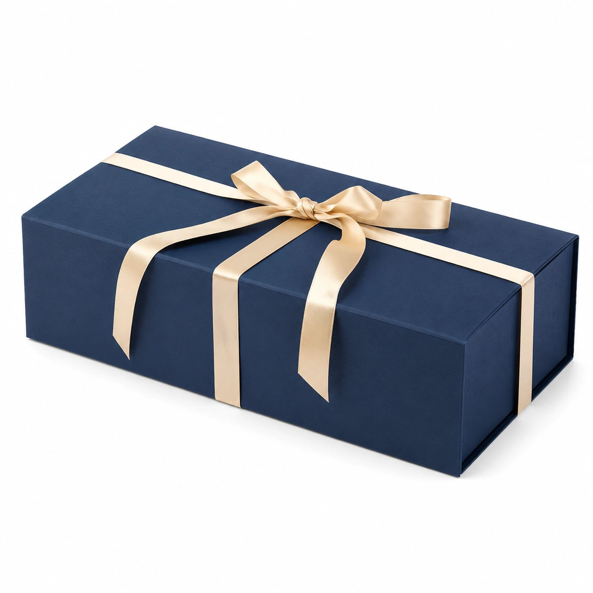 Boîte cadeau rectangulaire 35 x 20 x 10 cm en carton bleu marine avec ruban doré