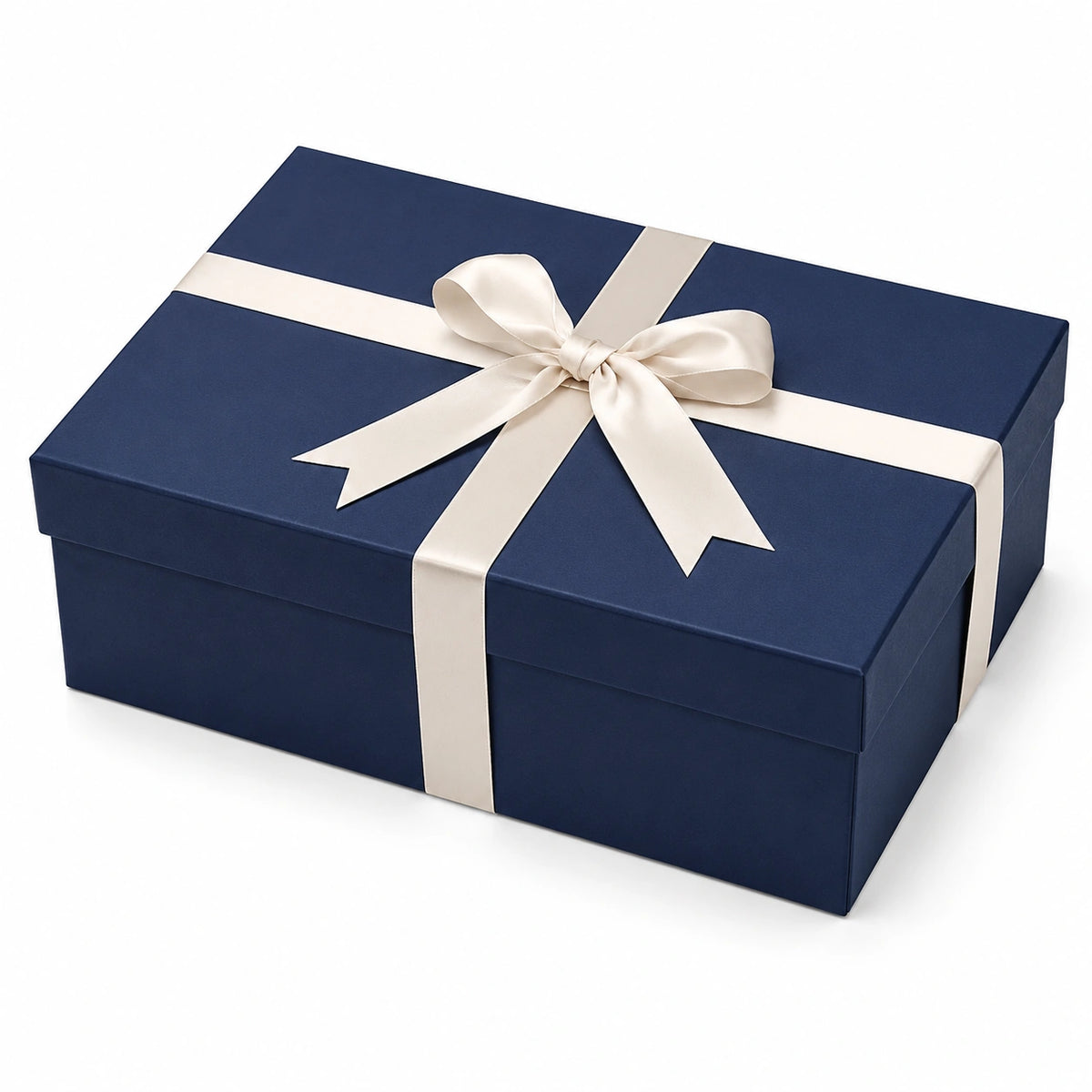 Boîte cadeau 30 x 22 x 10 cm en carton bleu marine avec ruban satiné ivoire - coffret à couvercle