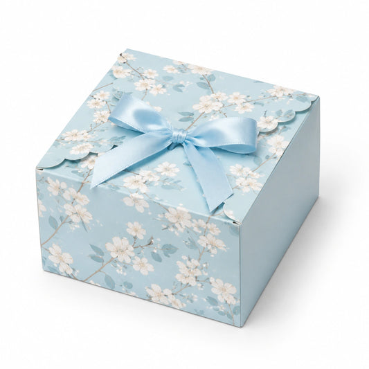 Boîte cadeau 20 x 20 x 10 cm en carton bleu à motif floral avec nœud décoratif