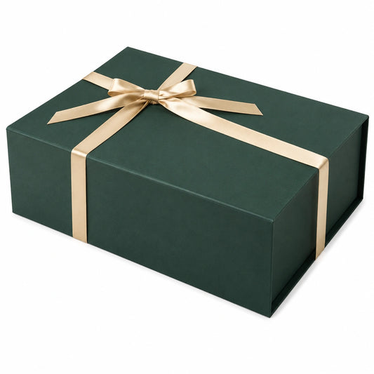 Boîte cadeau 30 x 22 x 12 cm en carton vert foncé et doré avec ruban décoratif