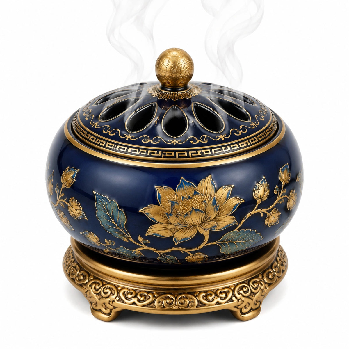 Brûle-encens rond 18 cm en céramique bleu marine et doré à couvercle ajouré style asiatique