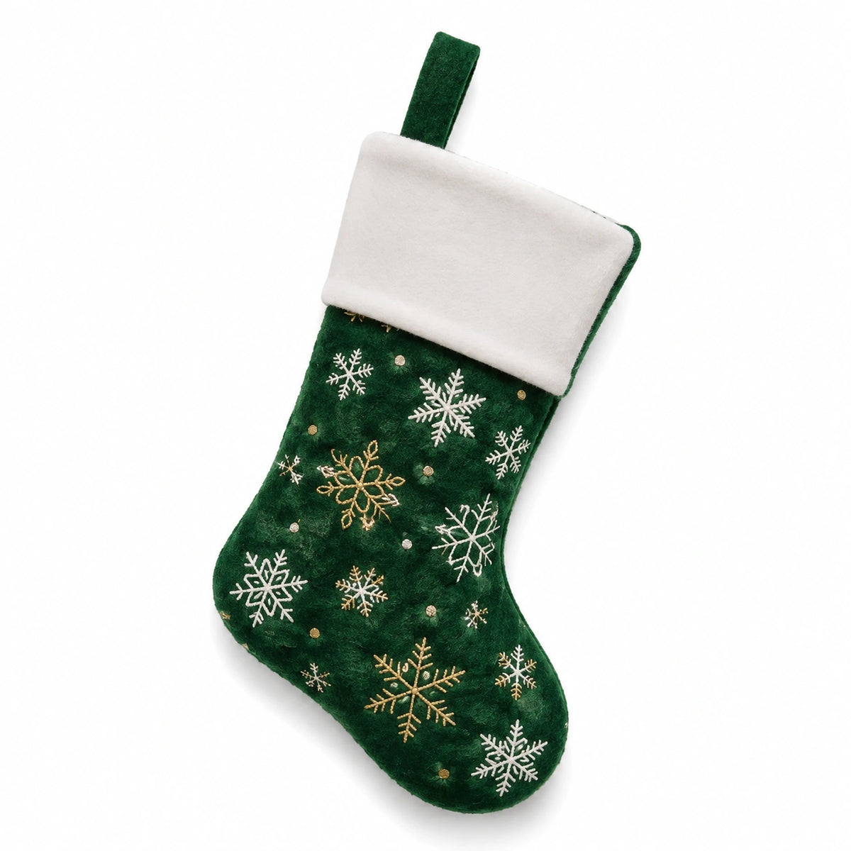 Chaussette de Noël 45 cm en tissu vert avec broderies flocons à suspendre