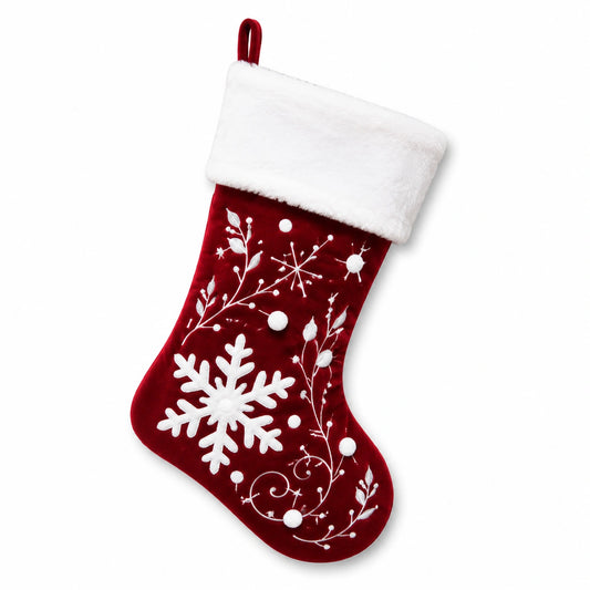 Chaussette de Noël en textile rouge et blanc à suspendre décor flocon