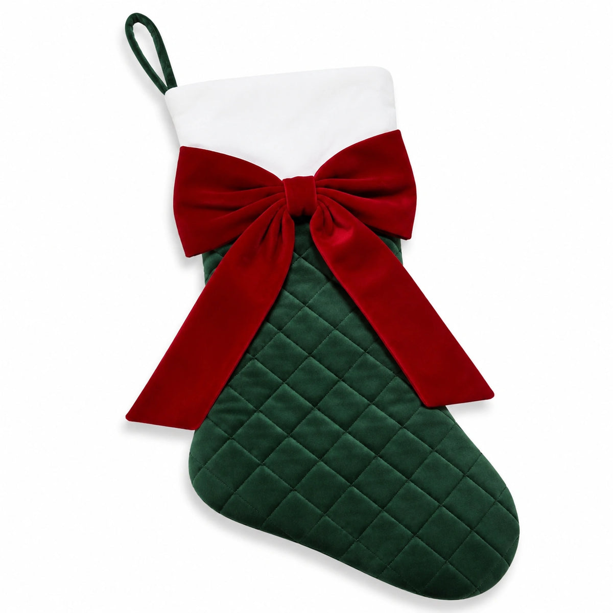 Chaussette de Noël taille standard en velours matelassé vert et rouge à suspendre