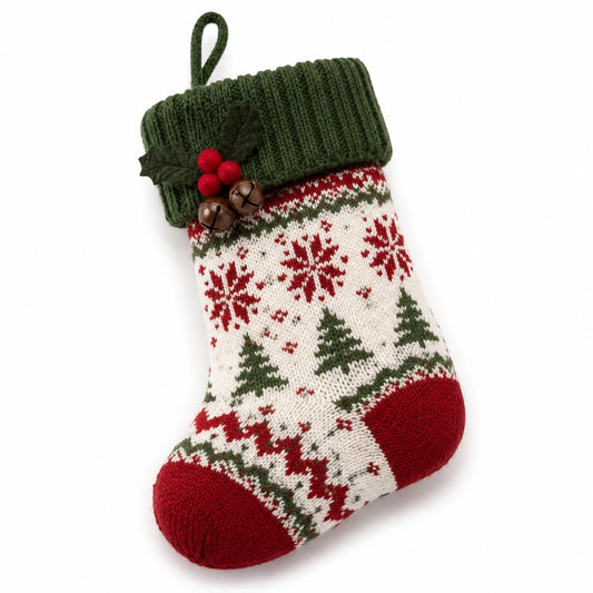 Chaussette de Noël 45 cm en textile tricoté rouge vert et blanc à suspendre motif flocons