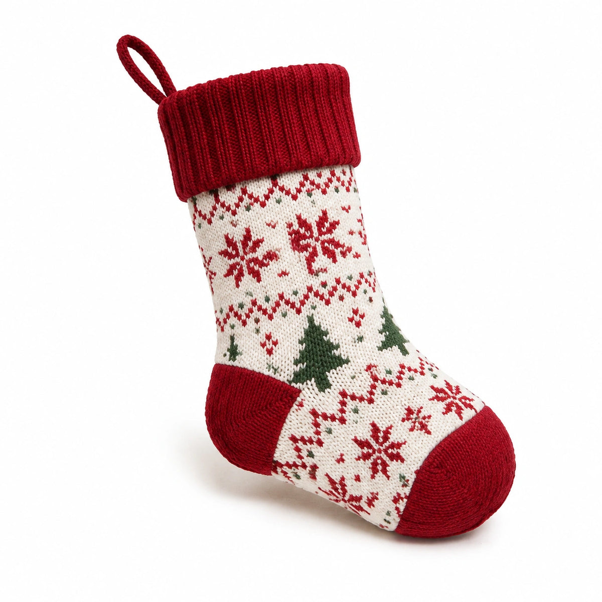 Chaussette de Noël 45 cm en textile tricoté rouge écru vert à motif flocons pour décoration suspendue