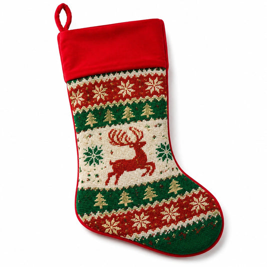 Chaussette de Noël 45 cm en textile rouge vert et beige à motif cerf - suspension décorative