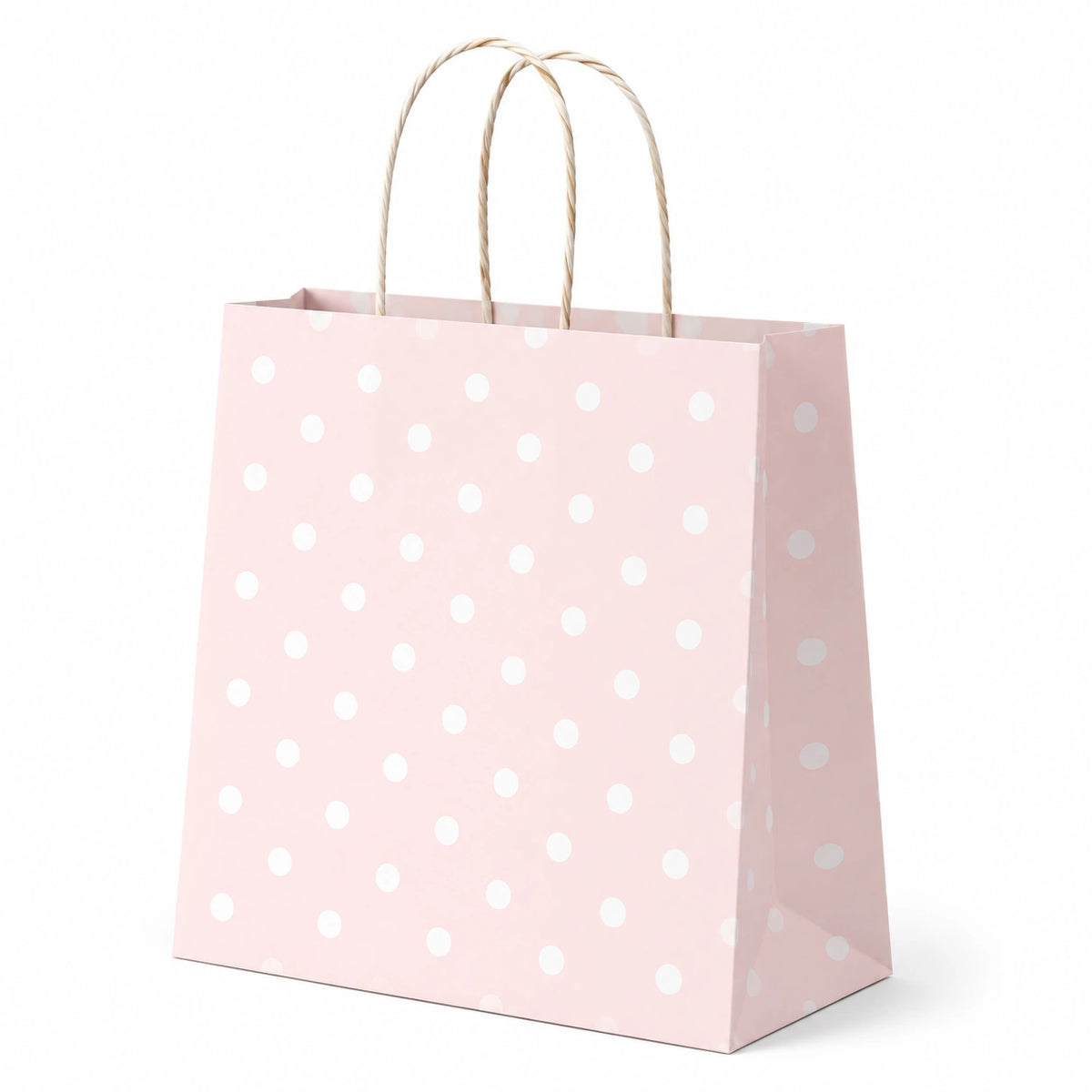 Sac cadeau 26 x 12 x 32 cm en papier rose à pois blancs avec anses torsadées
