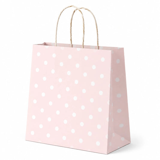 Sac cadeau 26 x 12 x 32 cm en papier rose à pois blancs avec anses torsadées