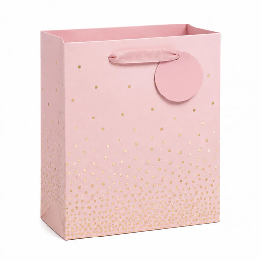 Sac cadeau 26 x 12 x 32 cm en papier rose et doré à poignées ruban motif confettis