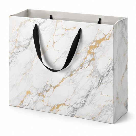 Sac cadeau 32 x 12 x 26 cm en papier cartonné blanc effet marbre doré avec anses textiles