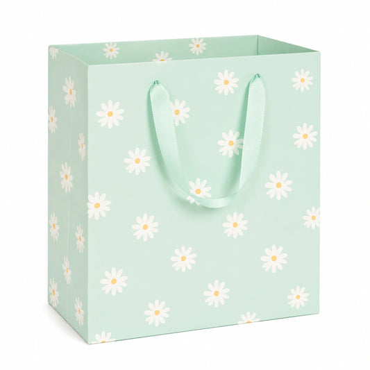 Sac cadeau 26 x 12 x 32 cm en papier vert menthe à motif marguerites avec anses ruban