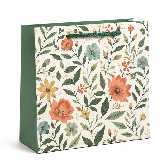 Sac cadeau 32 x 12 x 26 cm en papier vert motif floral avec poignées torsadées