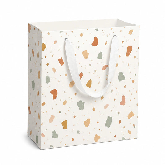 Sac cadeau 18 x 8 x 23 cm en papier blanc à motif terrazzo avec anses textiles