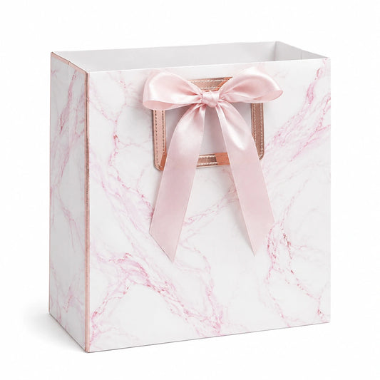 Sac cadeau 30 x 12 x 30 cm en carton blanc et rose effet marbre avec nœud satin